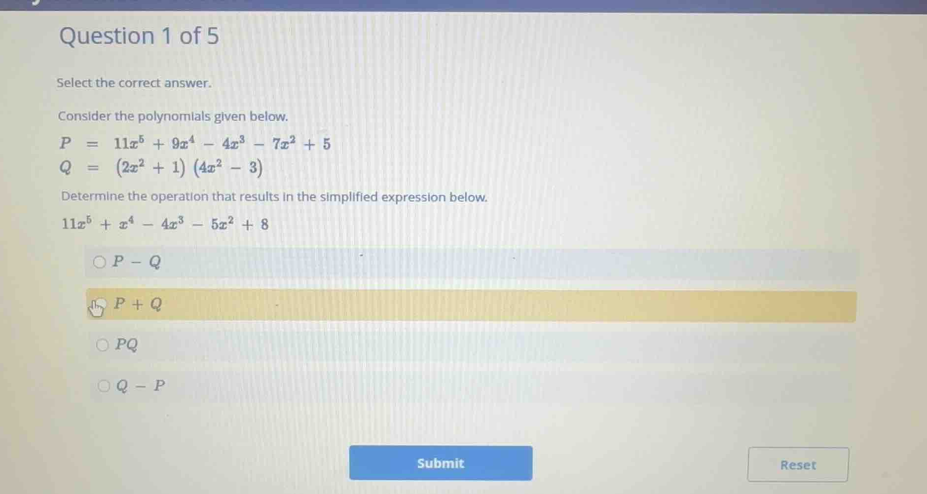 question 1 of 5 select the correct answer. consider the polynomials giv…