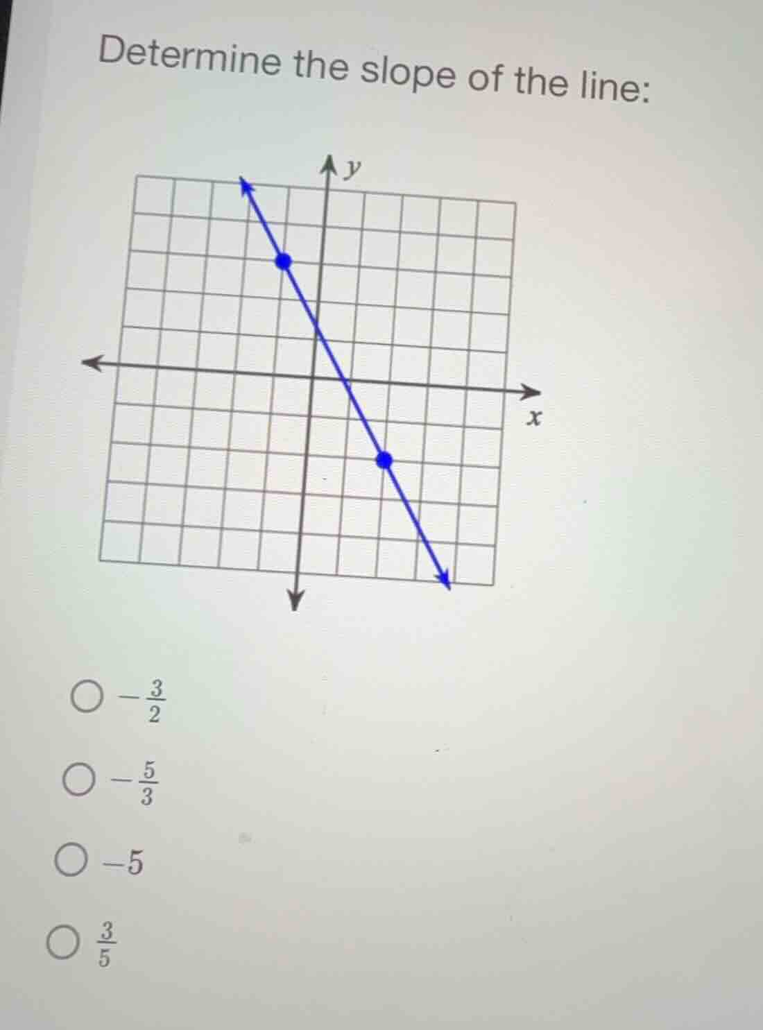 determine the slope of the line: \\(-\\frac{3}{2}\\) \\(-\\frac{5}{3}\\…