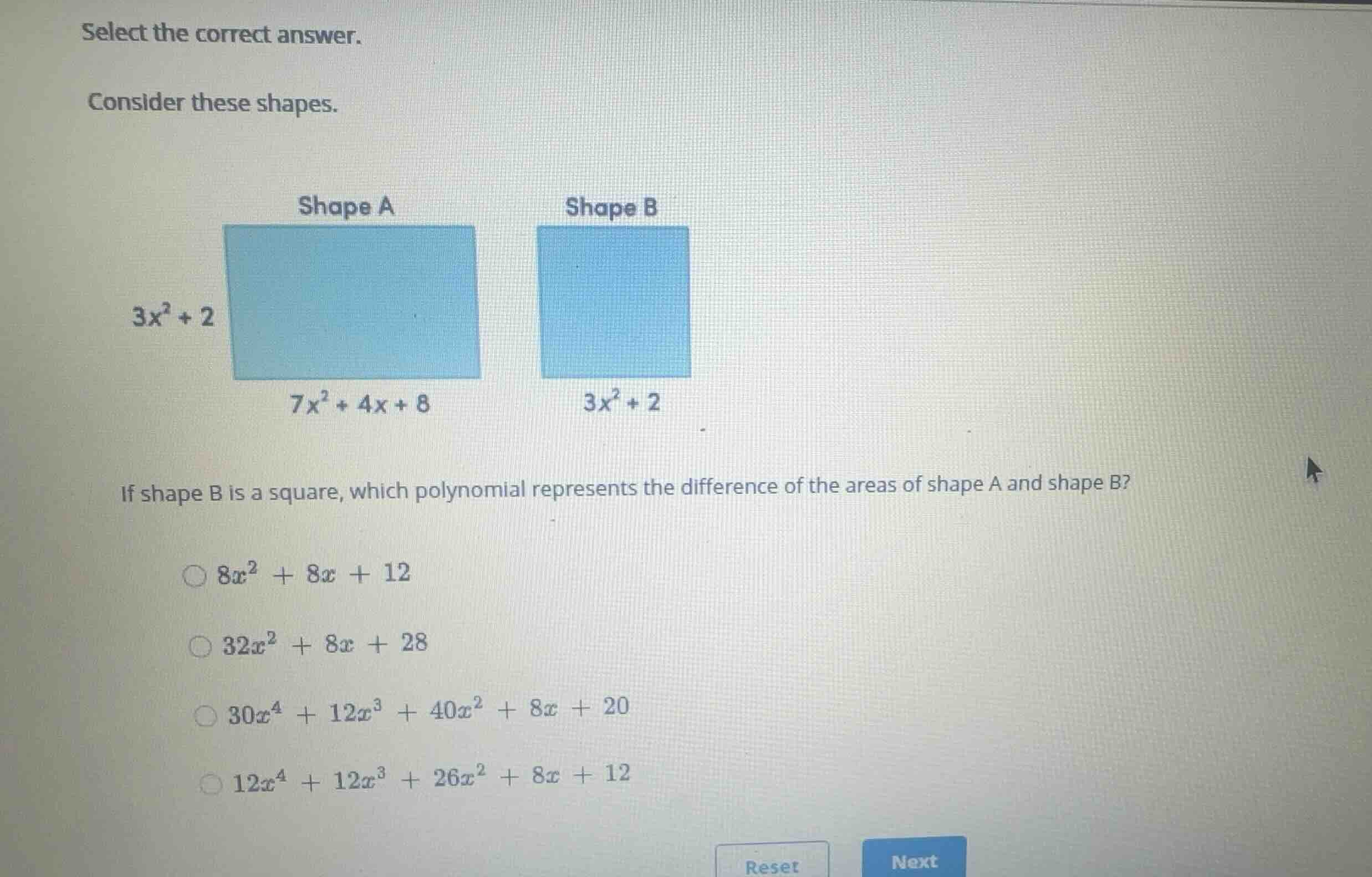 select the correct answer. consider these shapes. shape a width: \\(3x^…