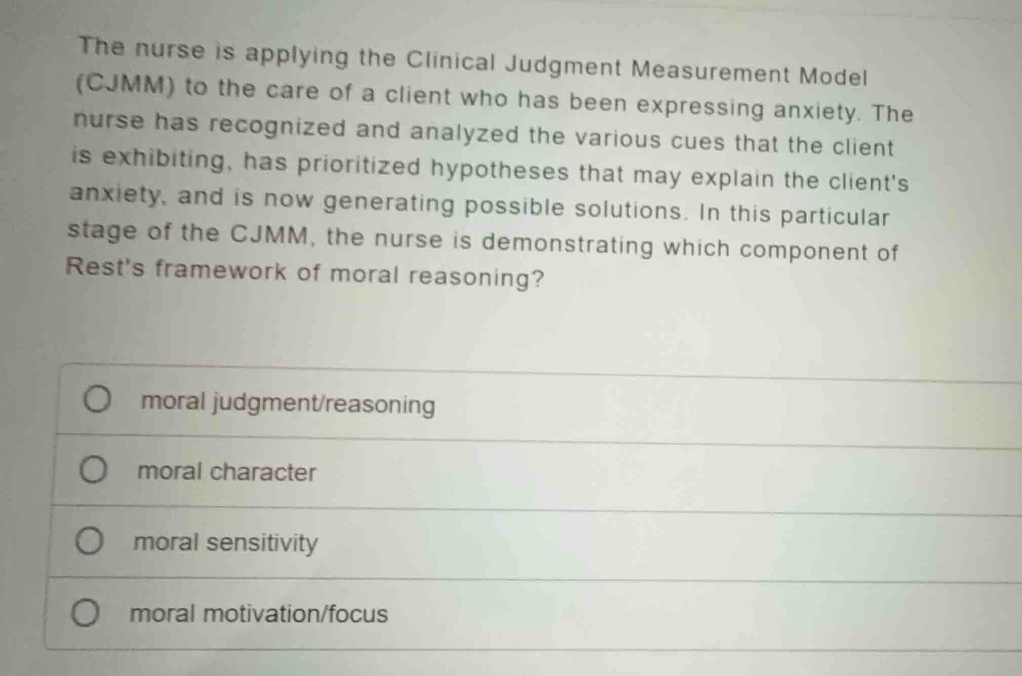 the nurse is applying the clinical judgment measurement model (cjmm) to…