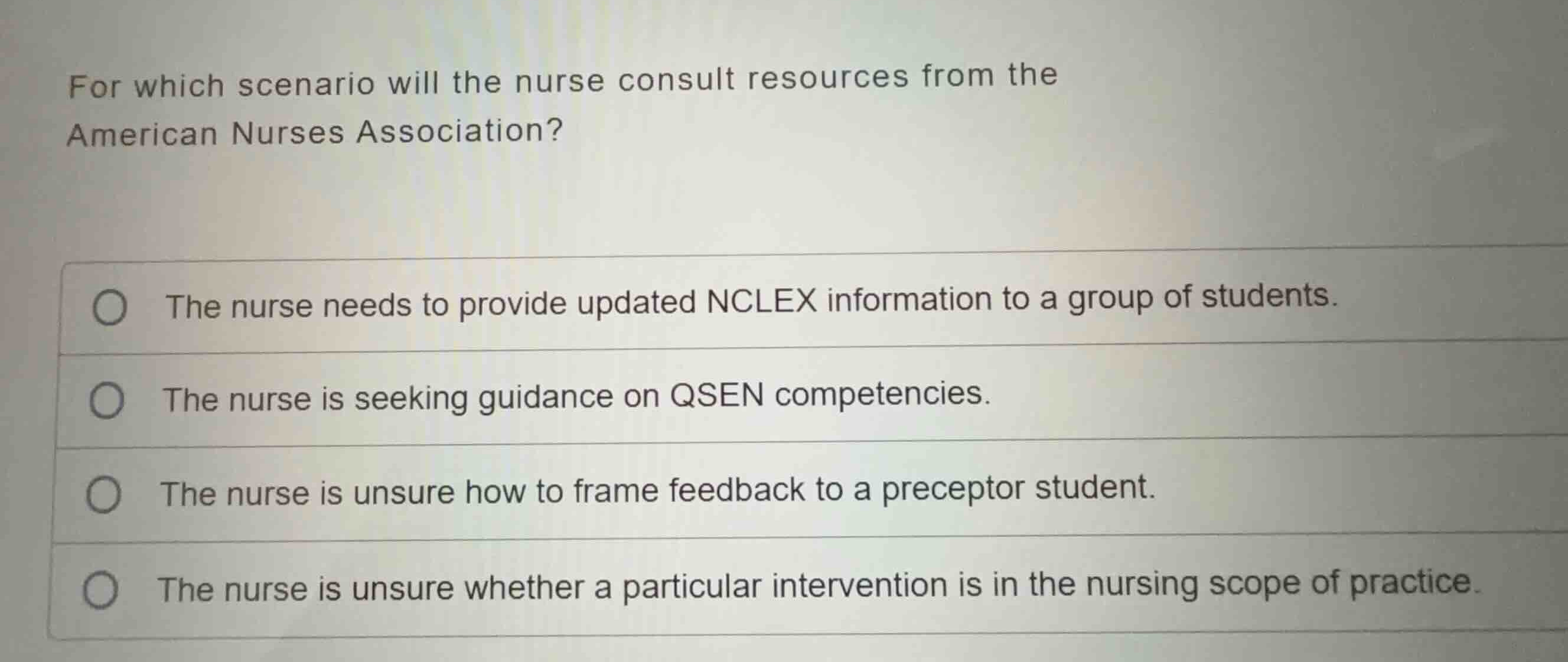 for which scenario will the nurse consult resources from the american n…