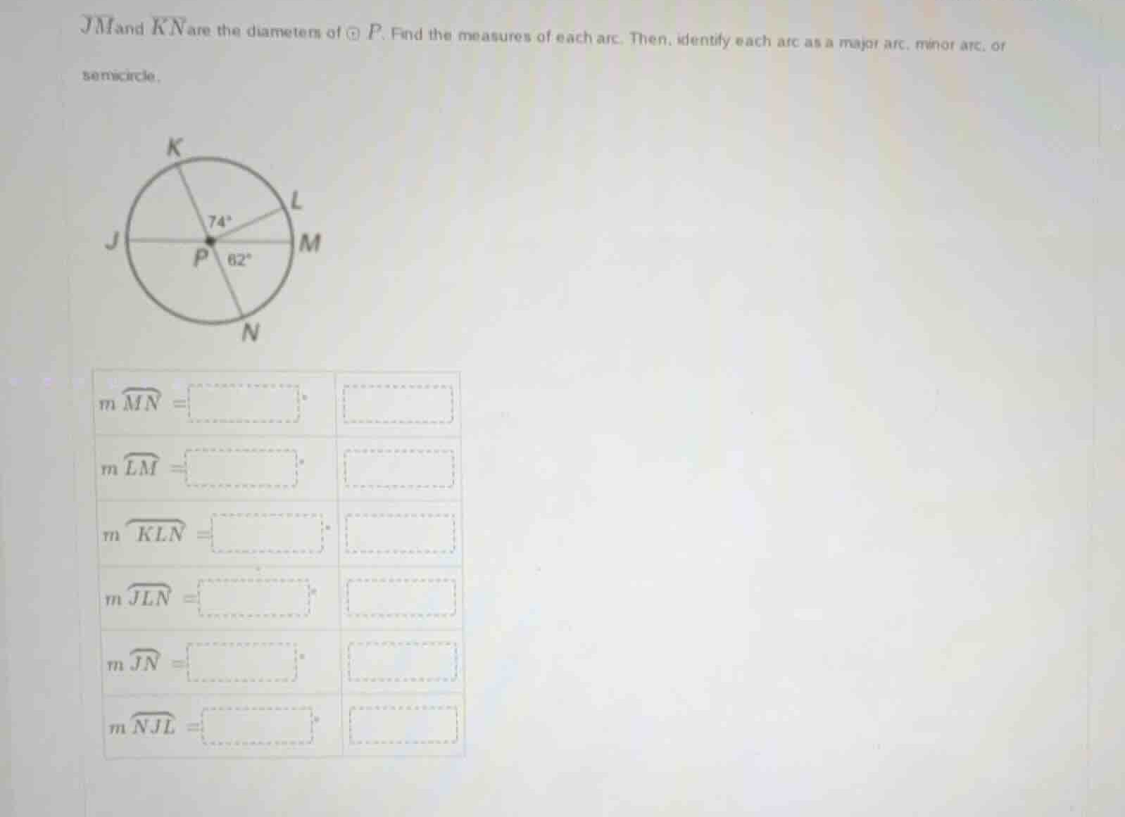 jm and kn are the diameters of \\(\\odot p\\). find the measures of eac…