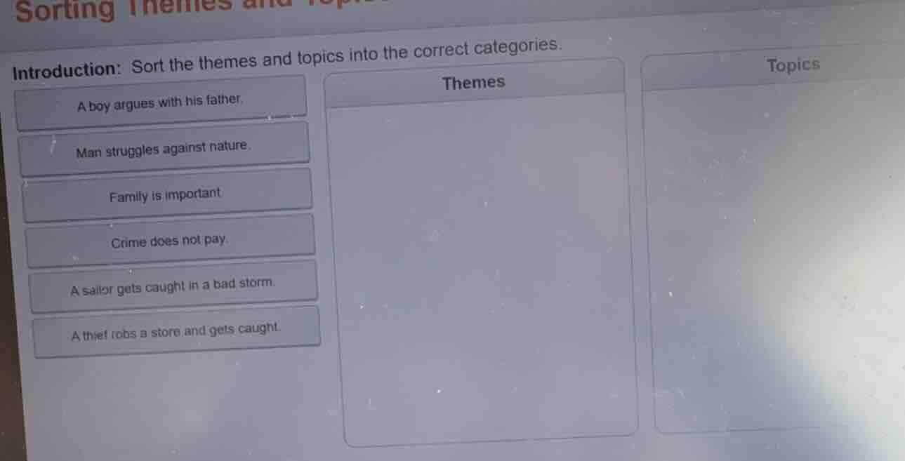 sorting themes and topics introduction: sort the themes and topics into…