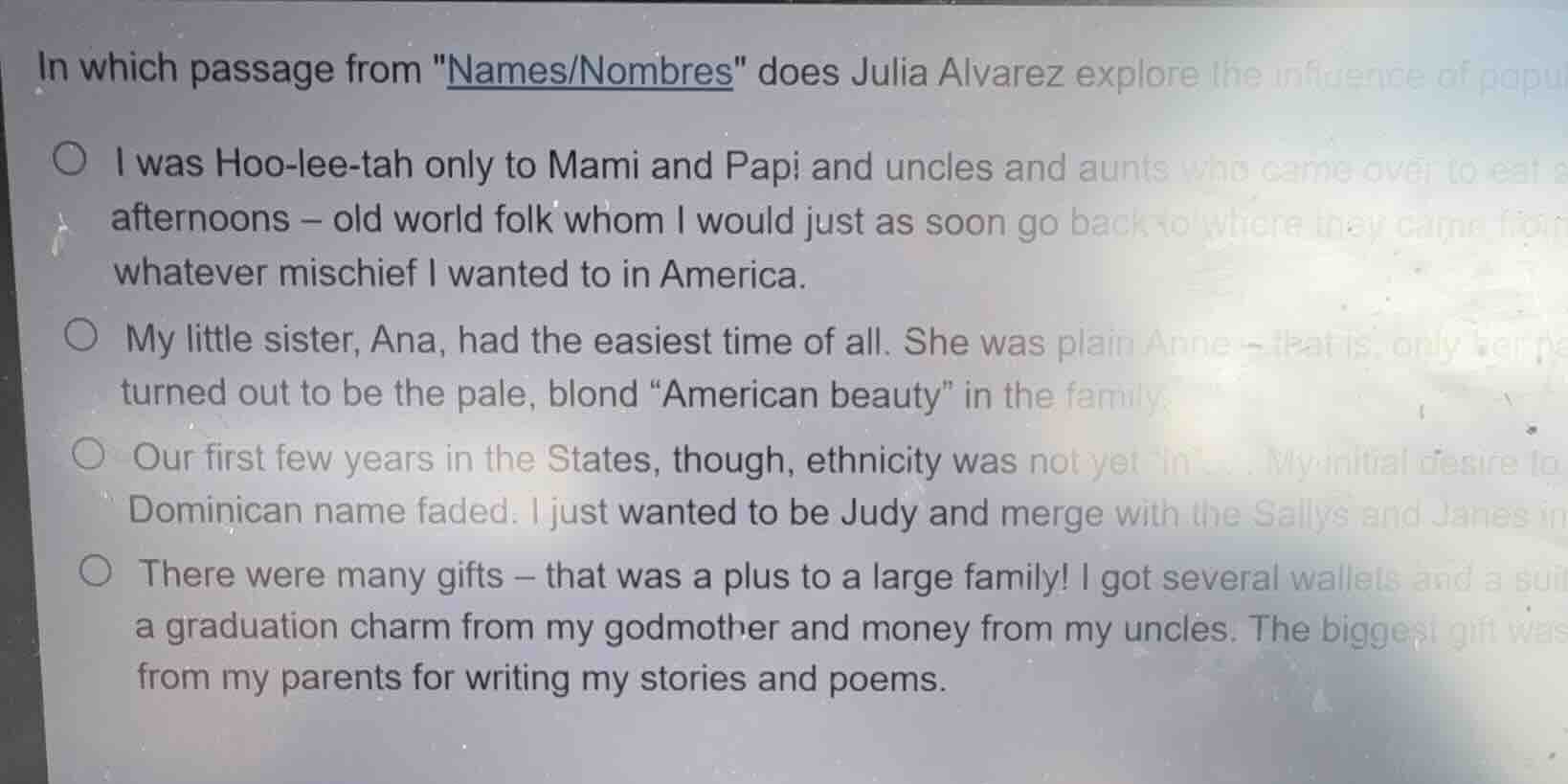 in which passage from ames/nombres\ does julia alvarez explore the infl…
