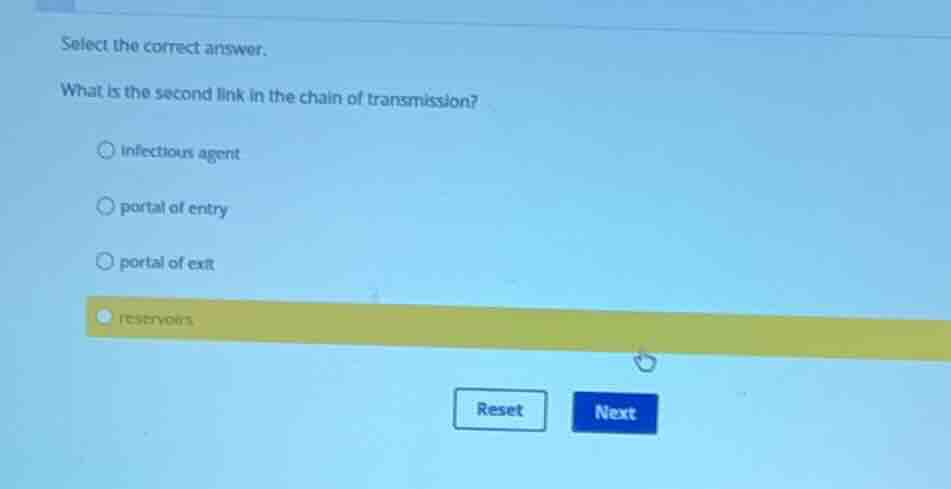 select the correct answer. what is the second link in the chain of tran…