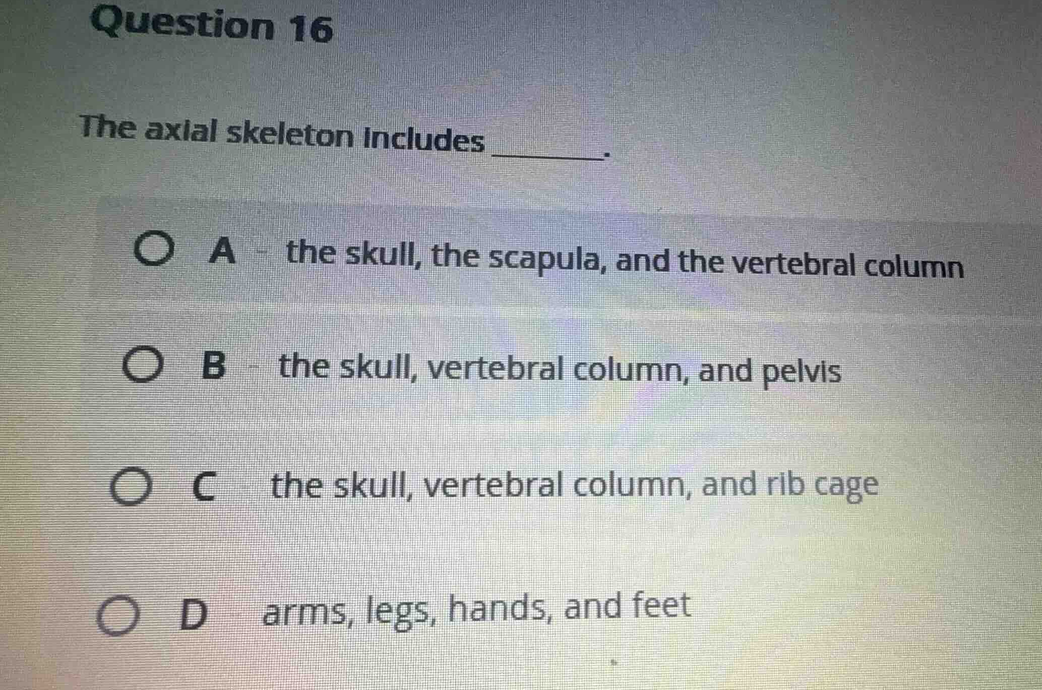 question 16 the axial skeleton includes ______. a the skull, the scapul…