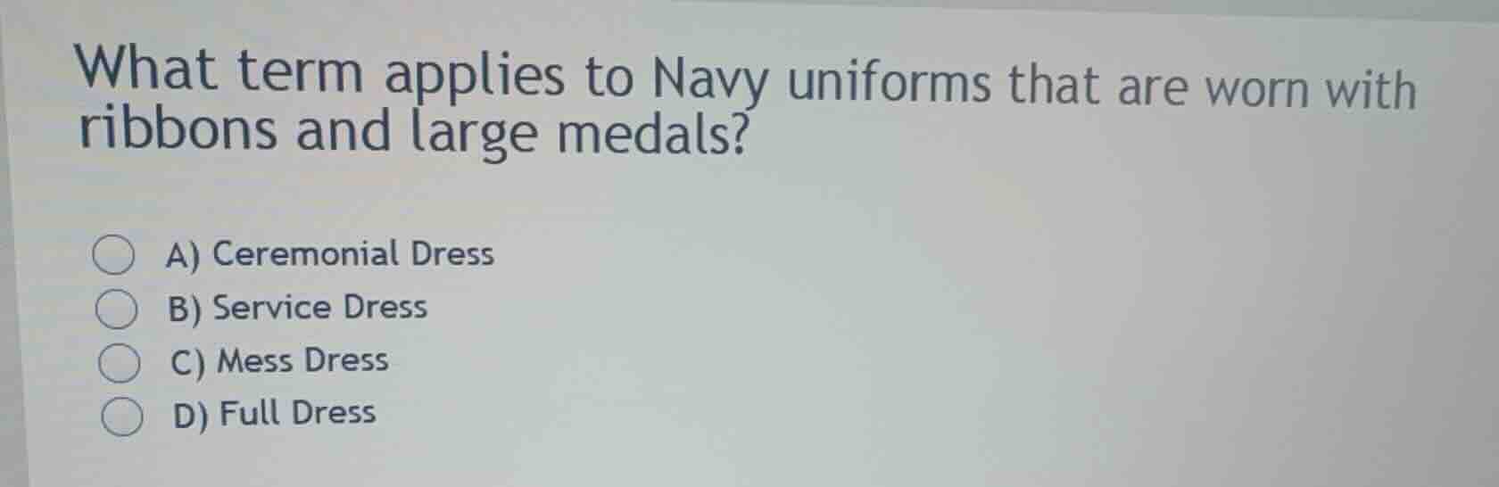 what term applies to navy uniforms that are worn with ribbons and large…