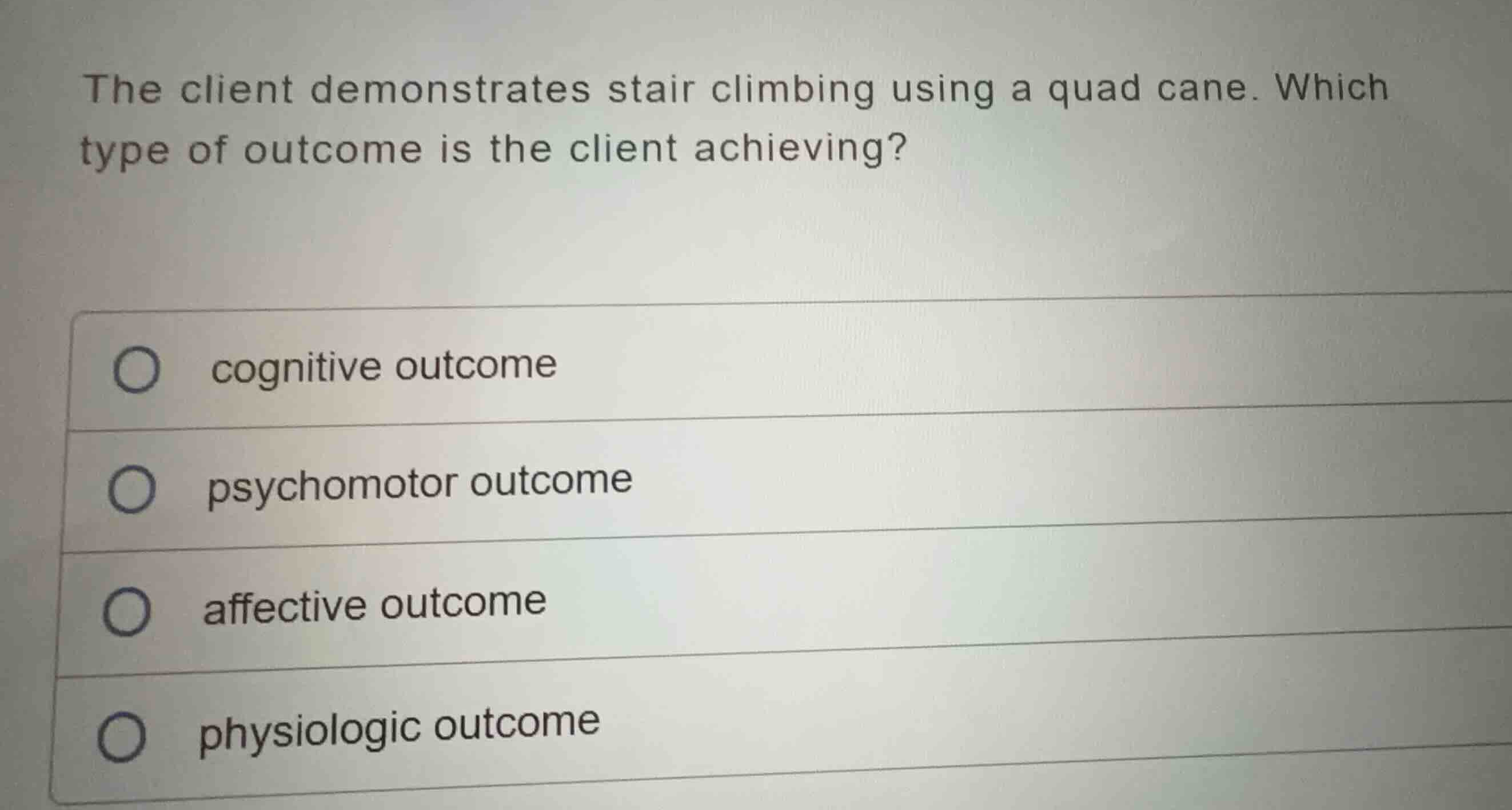 the client demonstrates stair climbing using a quad cane. which type of…