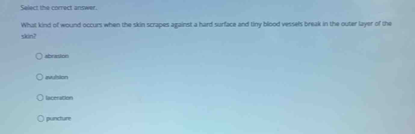 select the correct answer. what kind of wound occurs when the skin scra…