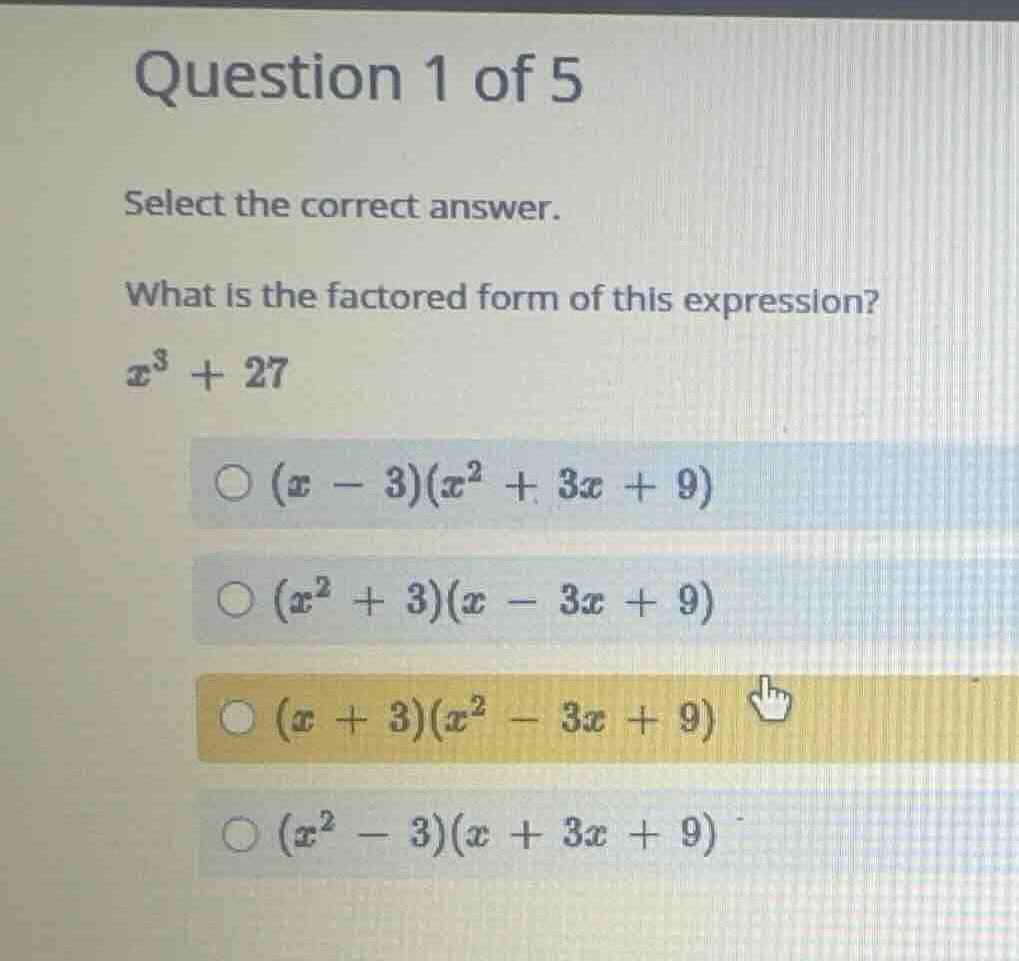 question 1 of 5 select the correct answer. what is the factored form of…