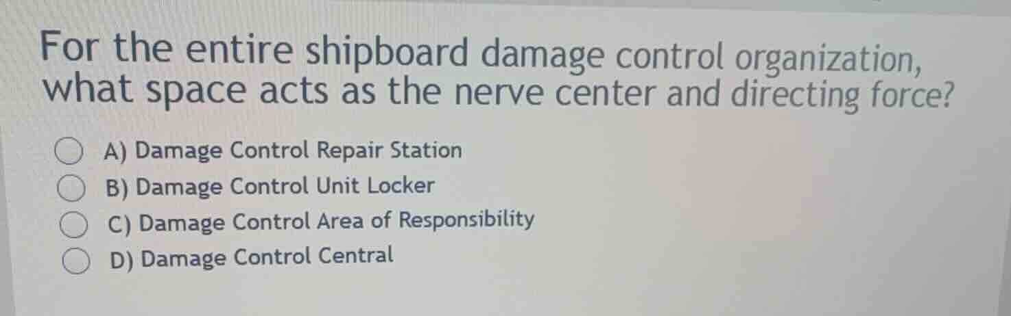 for the entire shipboard damage control organization, what space acts a…