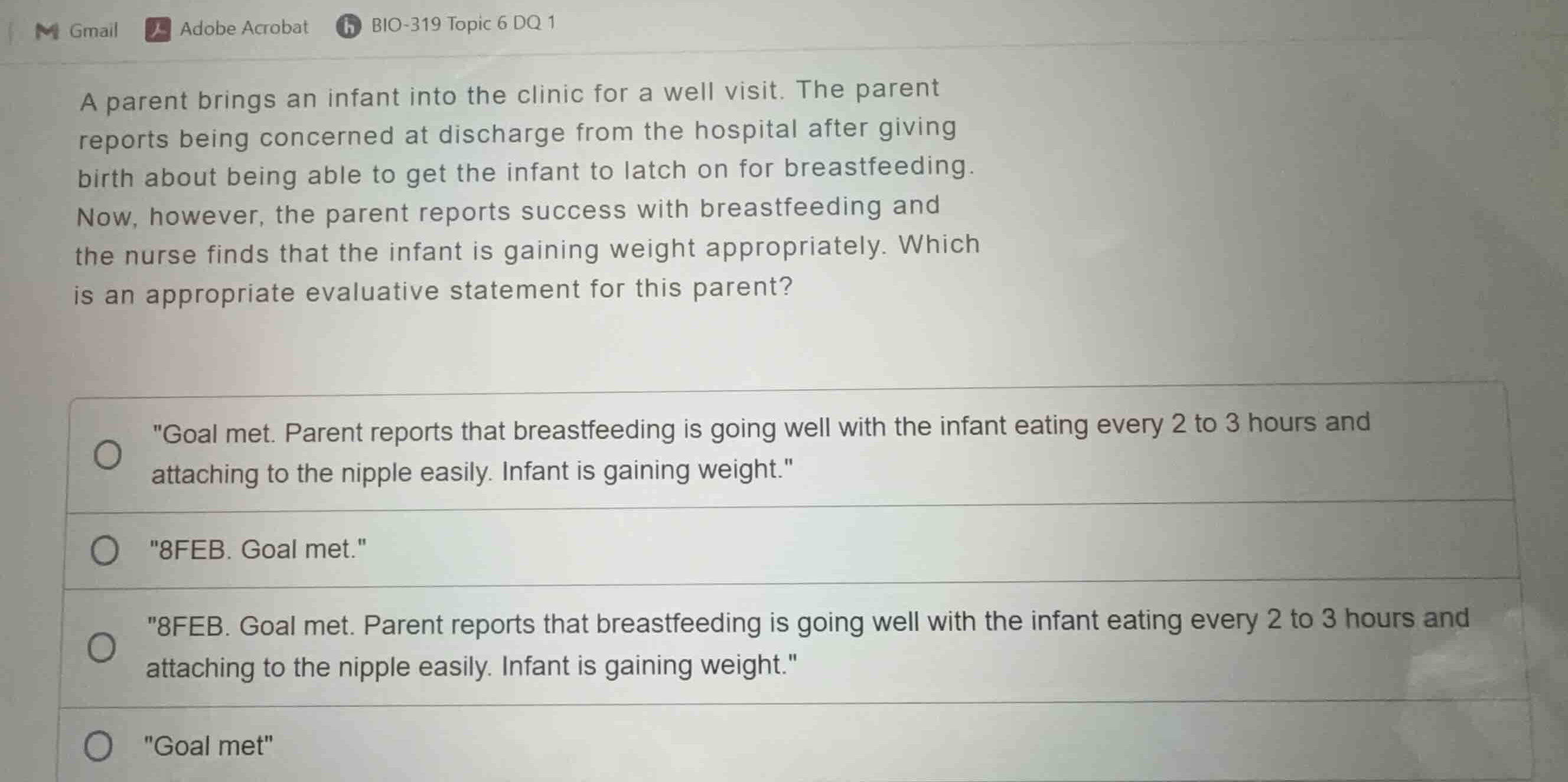 a parent brings an infant into the clinic for a well visit. the parent …
