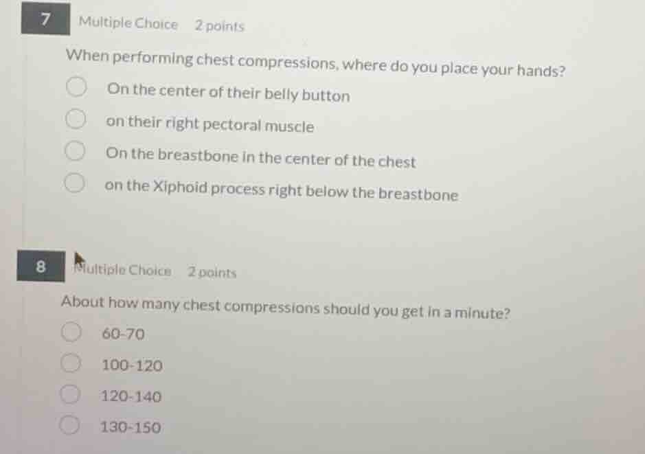 7 multiple choice 2 points when performing chest compressions, where do…