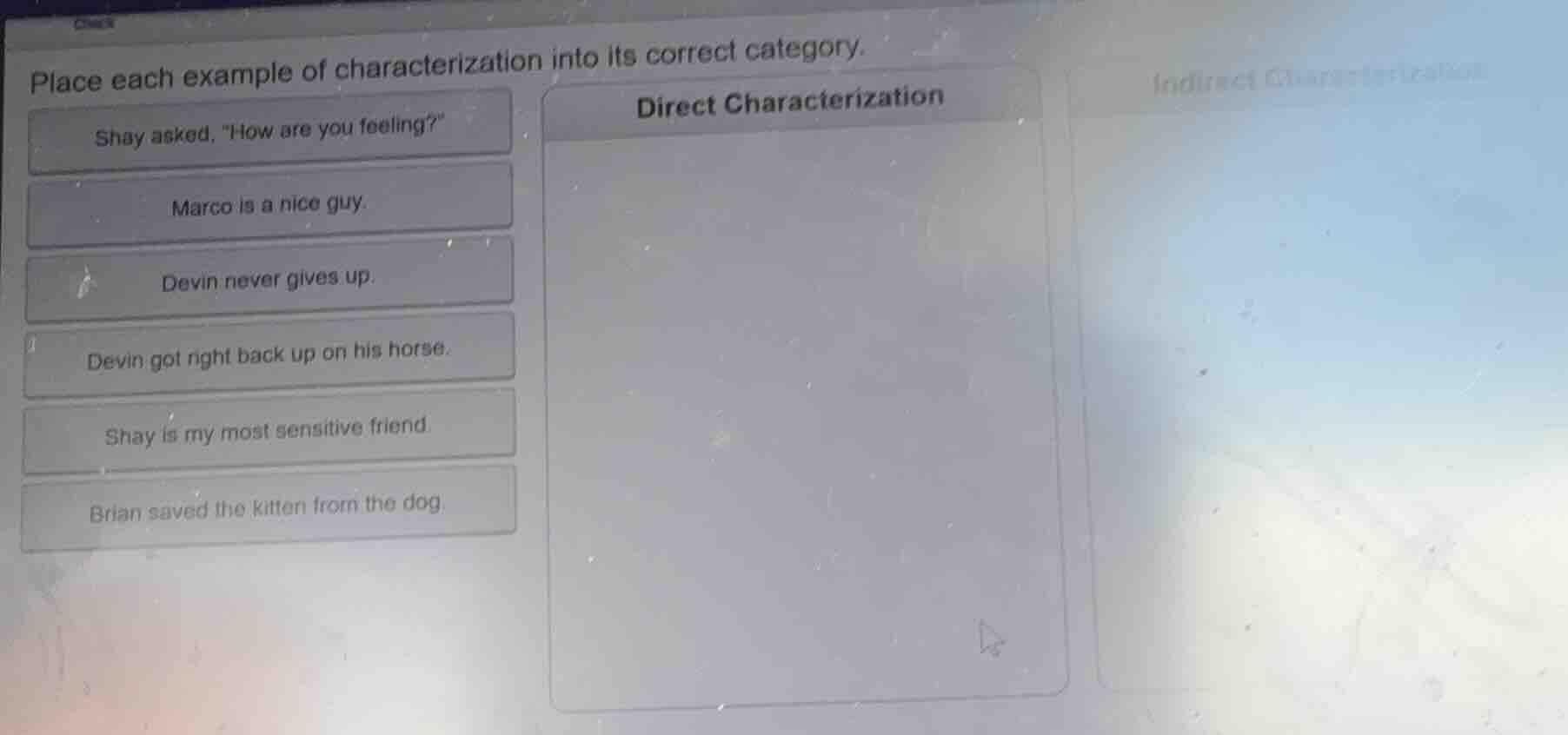 place each example of characterization into its correct category. optio…