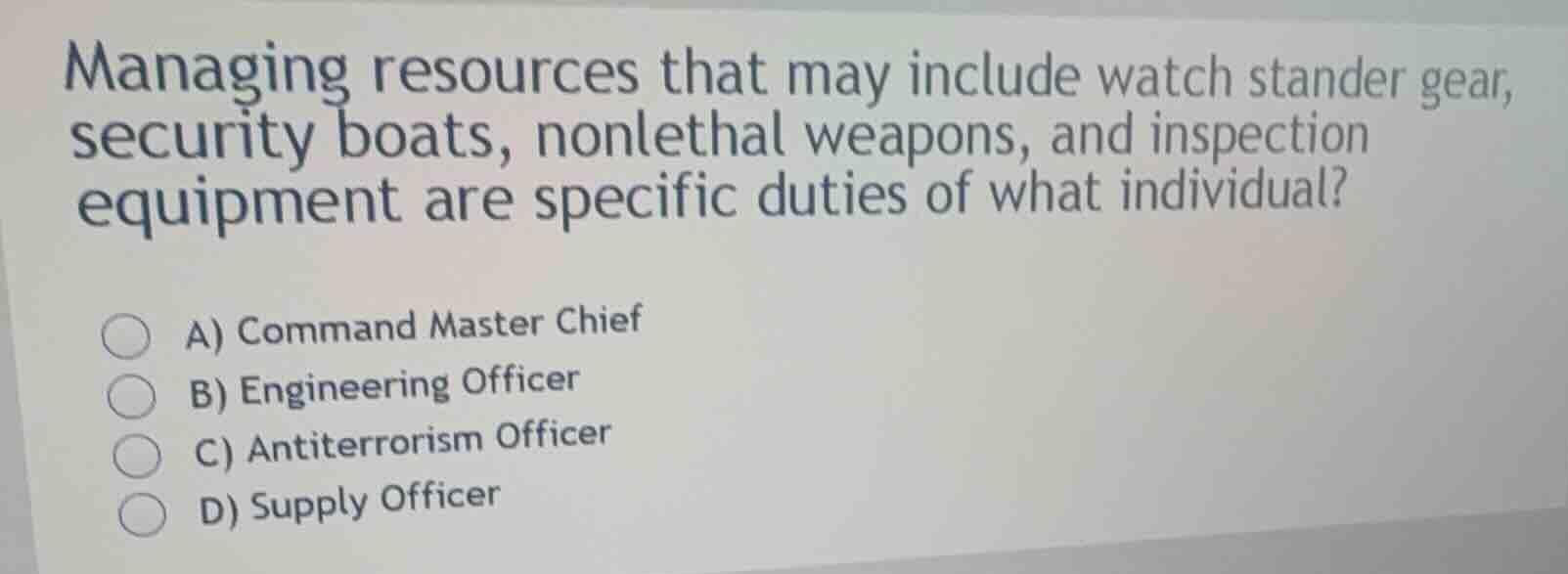 managing resources that may include watch stander gear, security boats,…