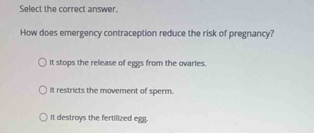 select the correct answer. how does emergency contraception reduce the …