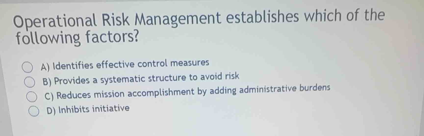 operational risk management establishes which of the following factors?…