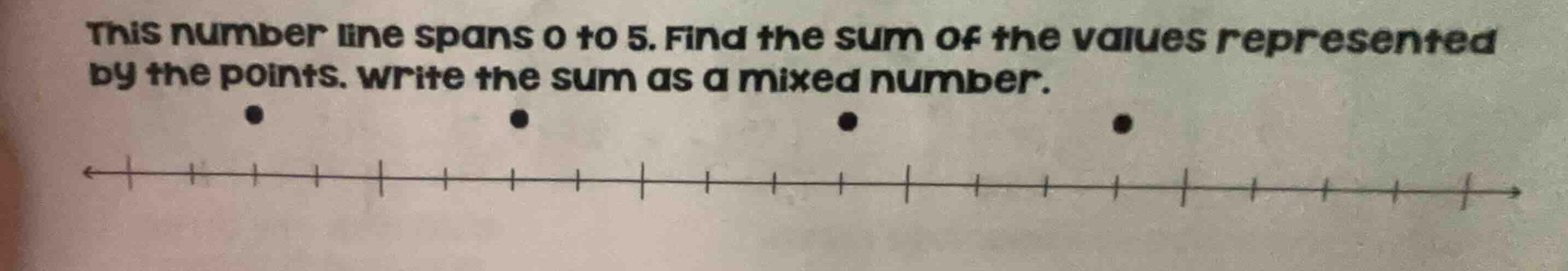 this number line spans 0 to 5. find the sum of the values represented b…