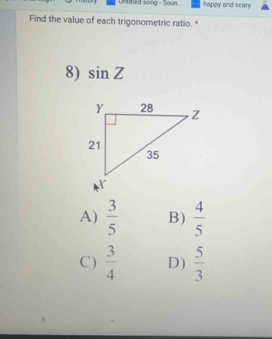 find the value of each trigonometric ratio. 8) \\(\\sin z\\) a) \\(\\fr…