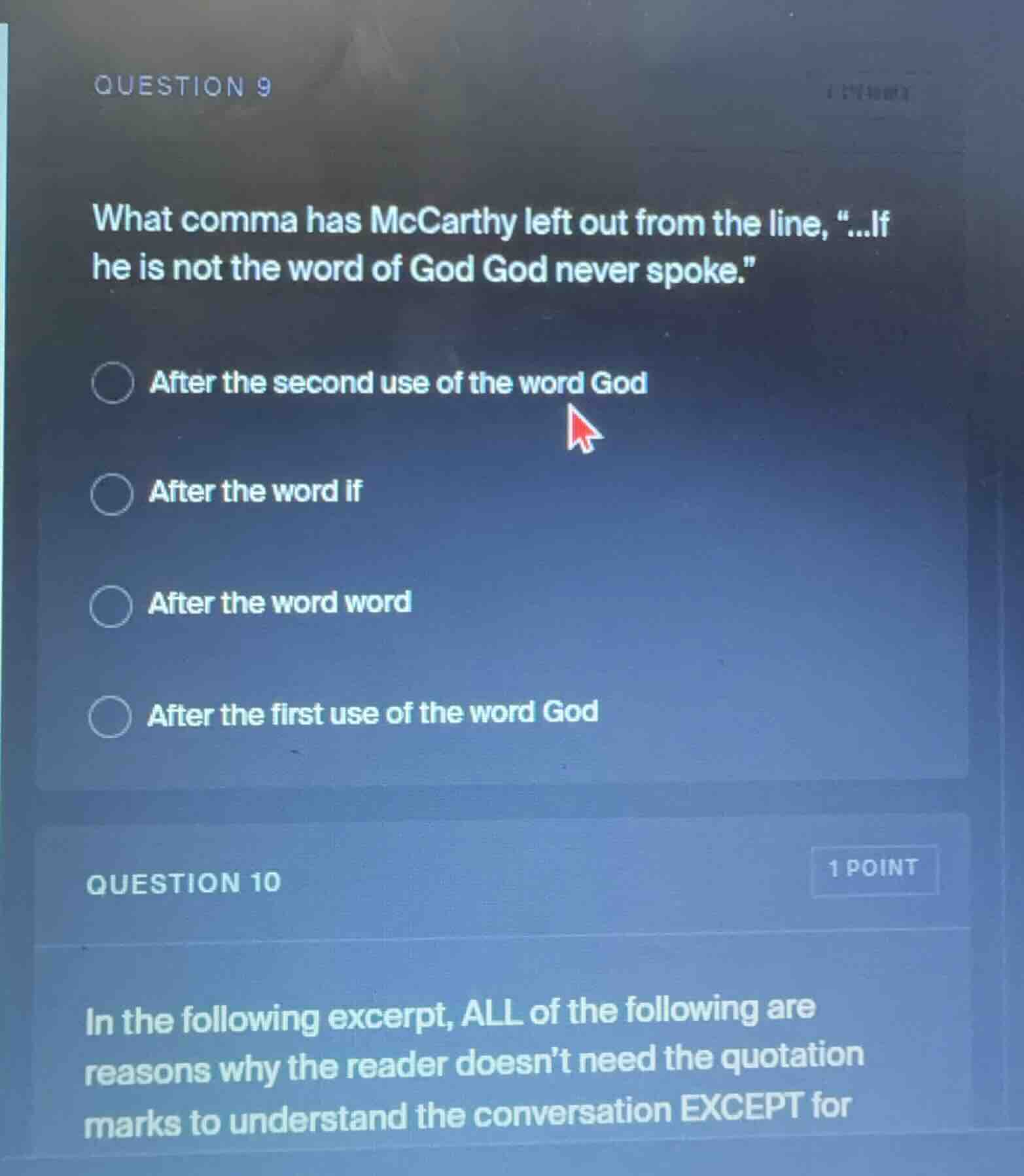 question 9 what comma has mccarthy left out from the line, \...if he is…
