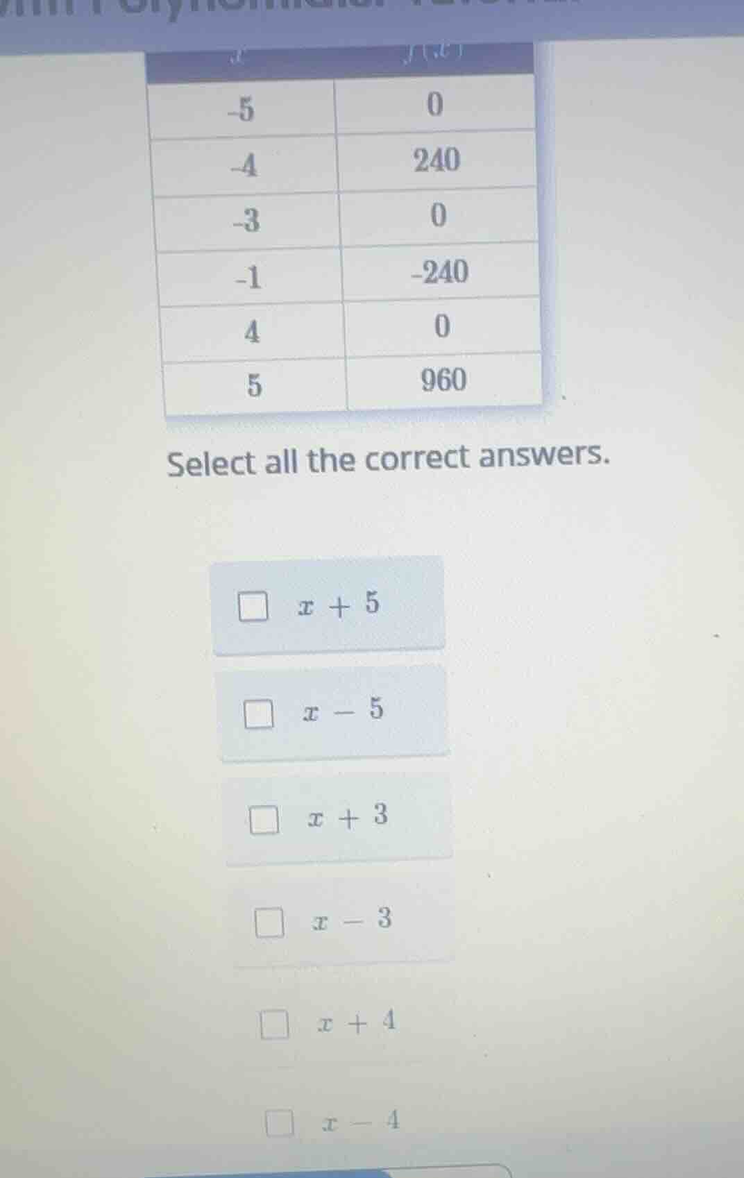 select all the correct answers. \\ \\begin{array}{|c|c|} \\hline x & f(…