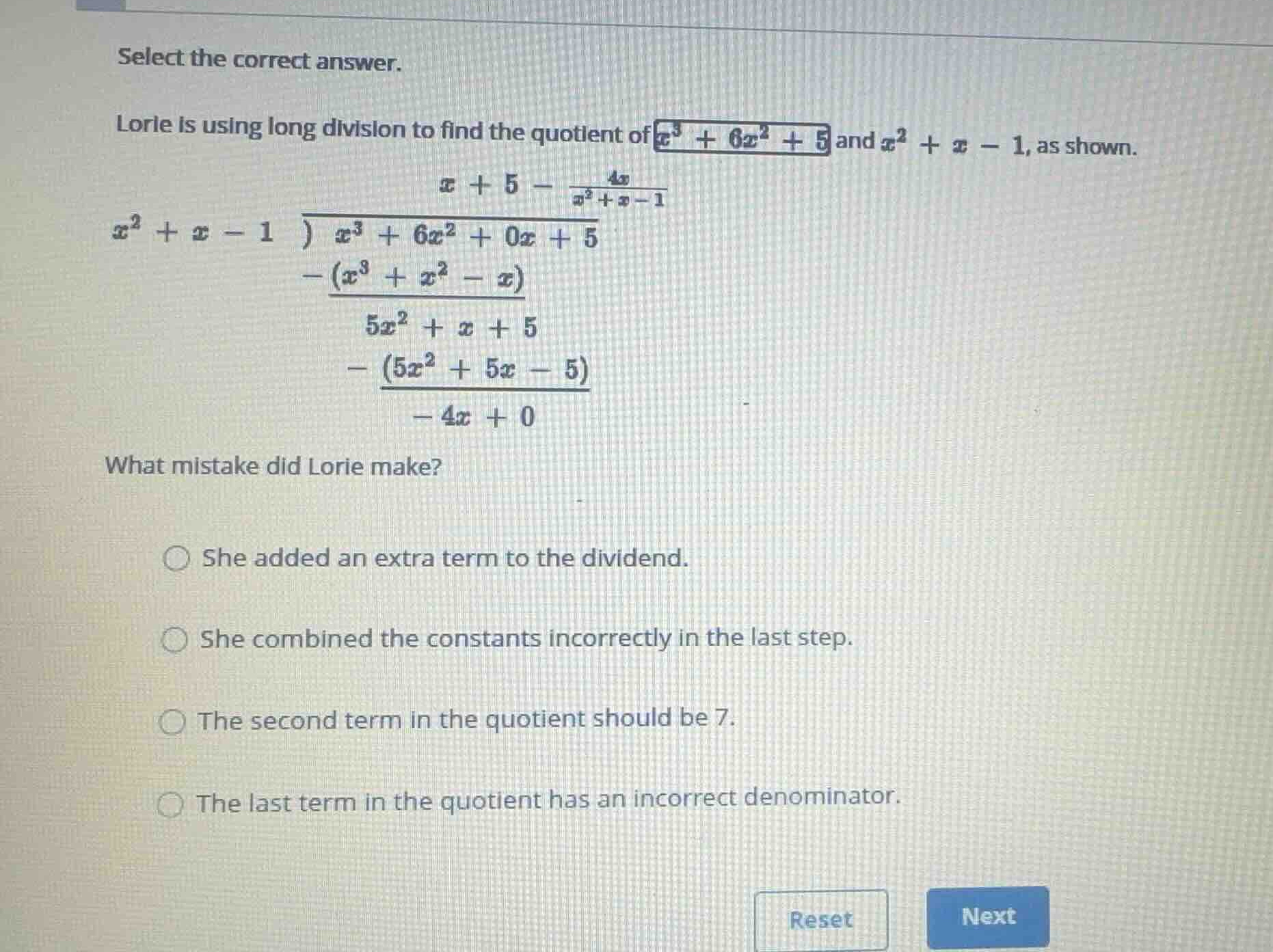 select the correct answer. lorie is using long division to find the quo…