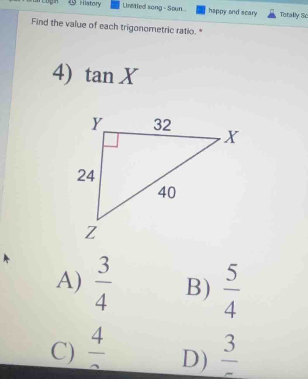 find the value of each trigonometric ratio. 4) \\(\\tan x\\) \\(a)\\ \\…