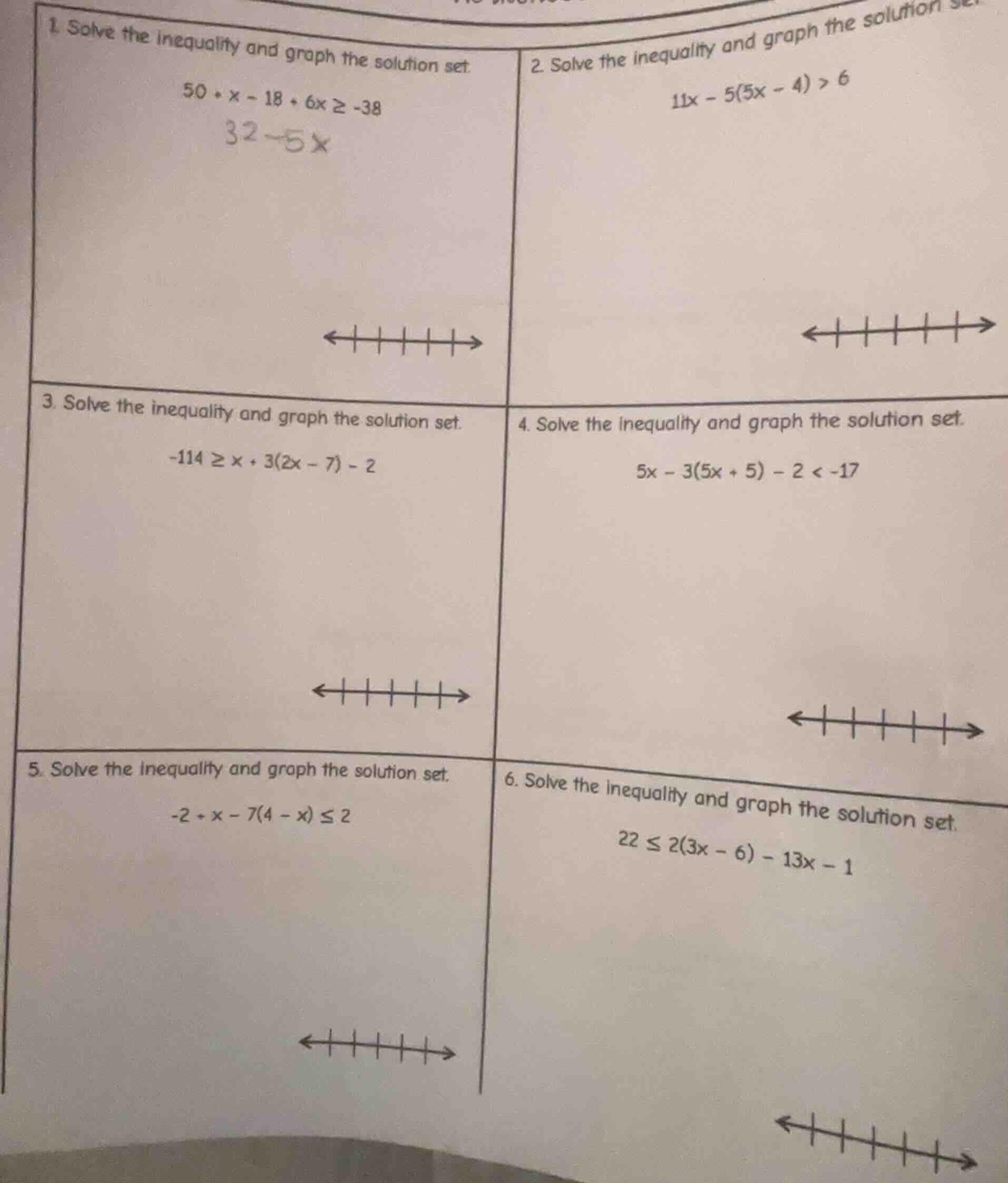 1. solve the inequality and graph the solution set. \\(50 - x - 18 + 6x…