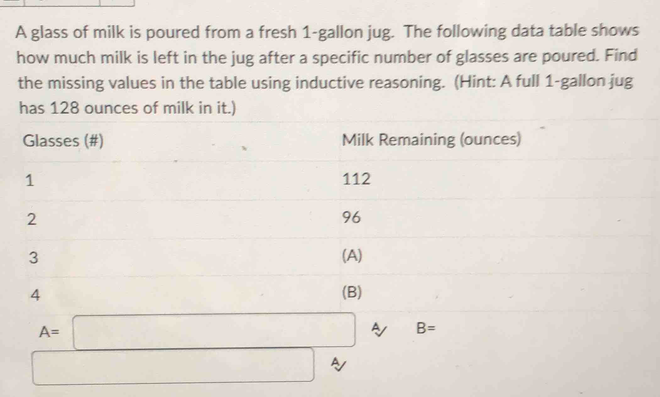 a glass of milk is poured from a fresh 1-gallon jug. the following data…