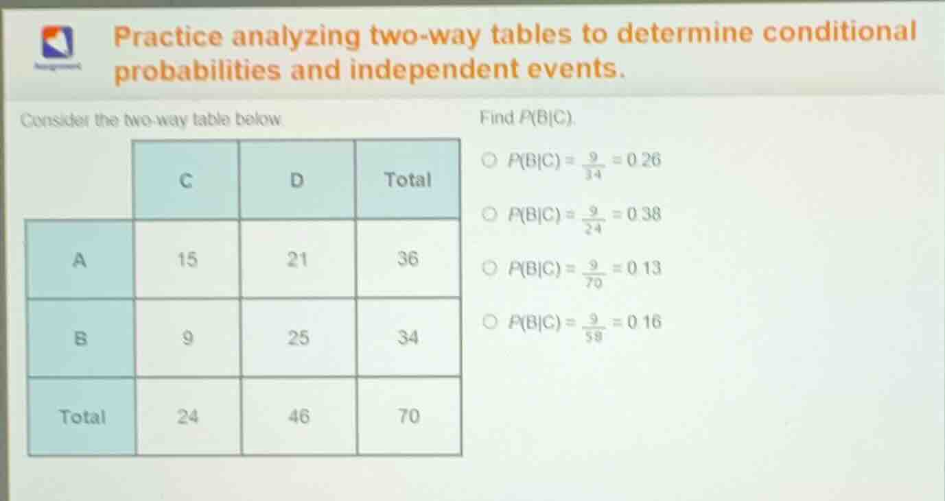 practice analyzing two-way tables to determine conditional probabilitie…