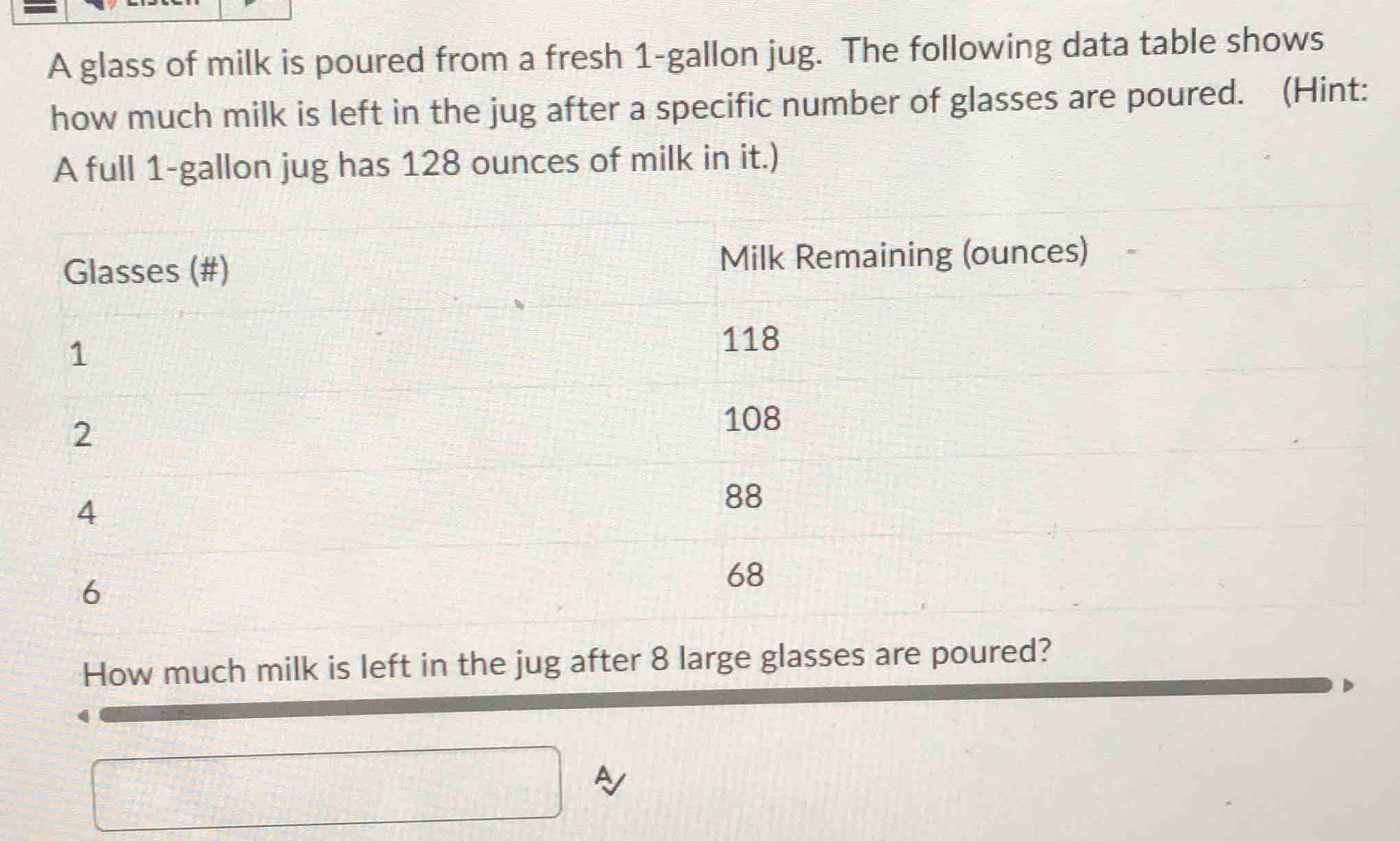a glass of milk is poured from a fresh 1-gallon jug. the following data…