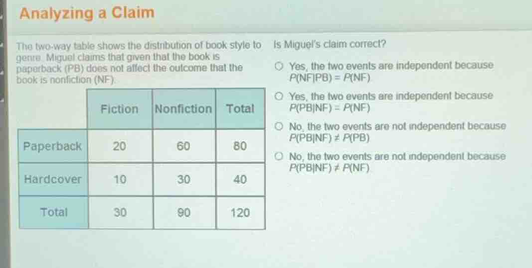 analyzing a claim the two-way table shows the distribution of book styl…