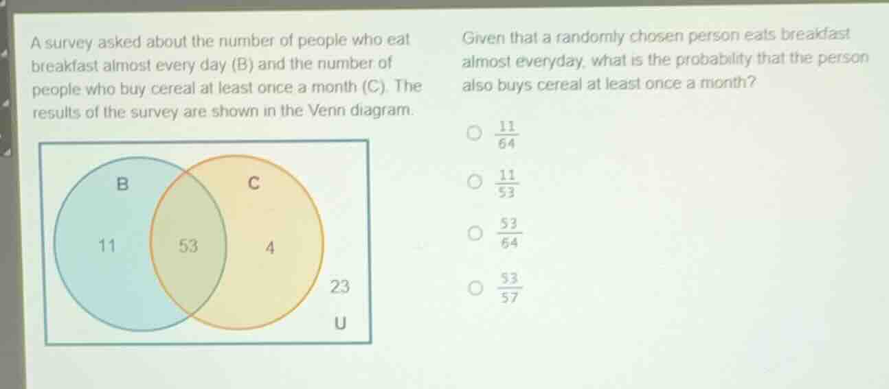 a survey asked about the number of people who eat breakfast almost ever…
