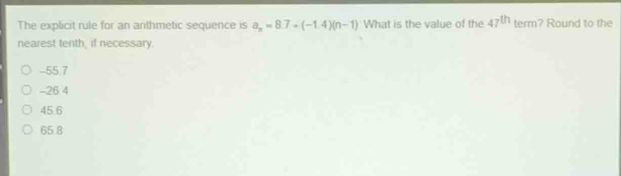 the explicit rule for an arithmetic sequence is \\(a_n = 8.7 + (-1.4)(n…