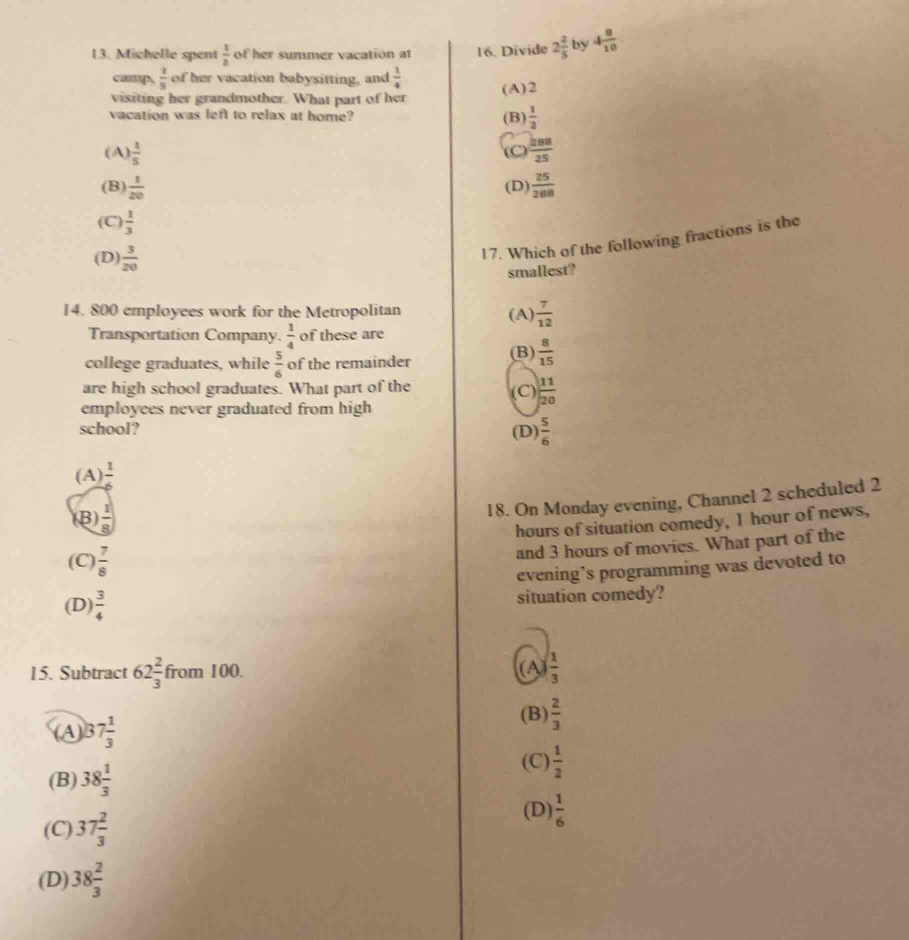 13. michelle spent \\(\\frac{1}{2}\\) of her summer vacation at camp, \…
