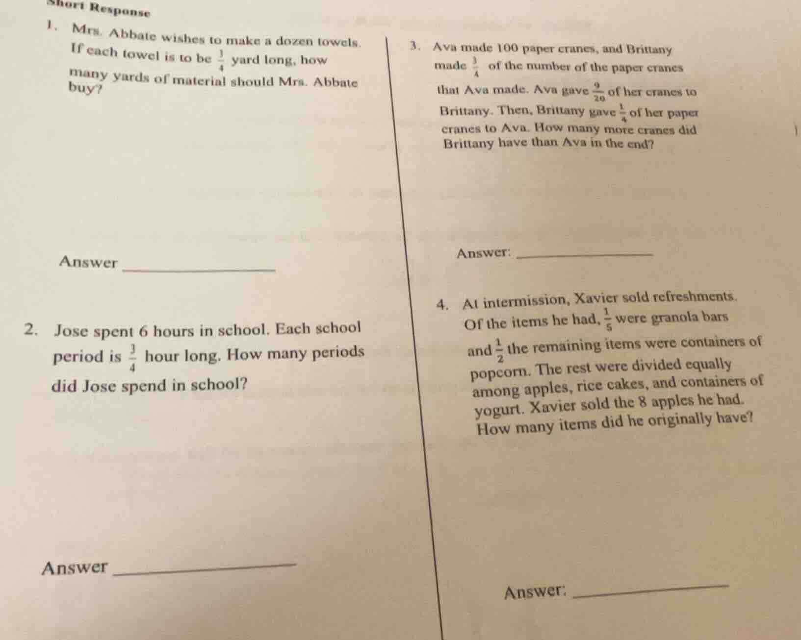 short response 1. mrs. abbate wishes to make a dozen towels. if each to…