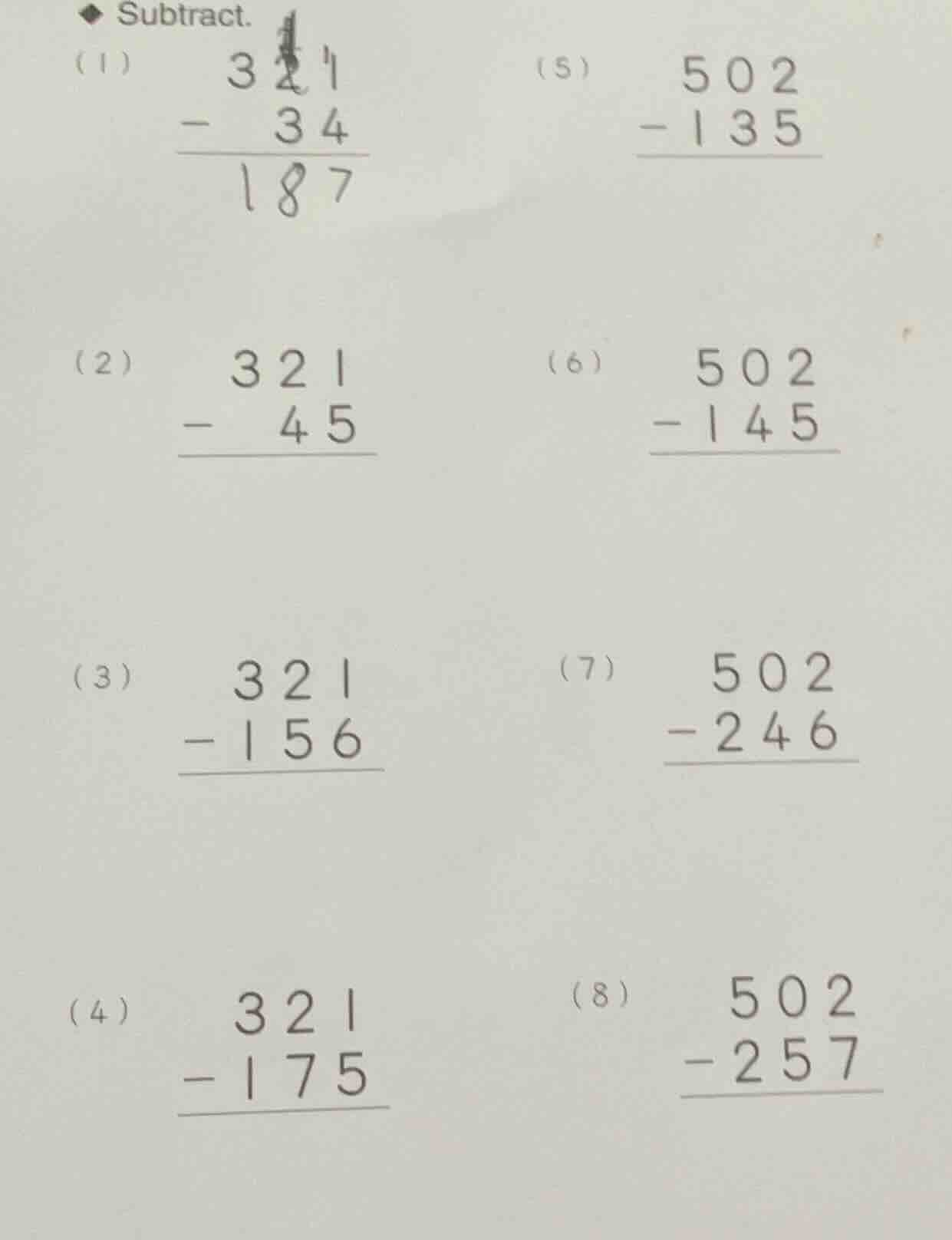 subtract. (1) \\begin{array}{r} 321 \\\\ -\\phantom{0}34 \\\\ \\hline 1…