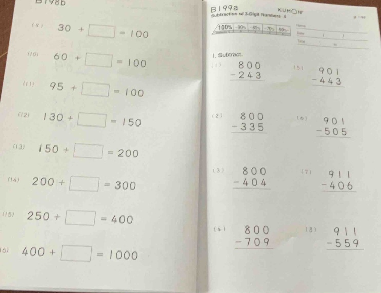 b198b (9) \\(30 + \\box = 100\\) (10) \\(60 + \\box = 100\\) (11) \\(95…