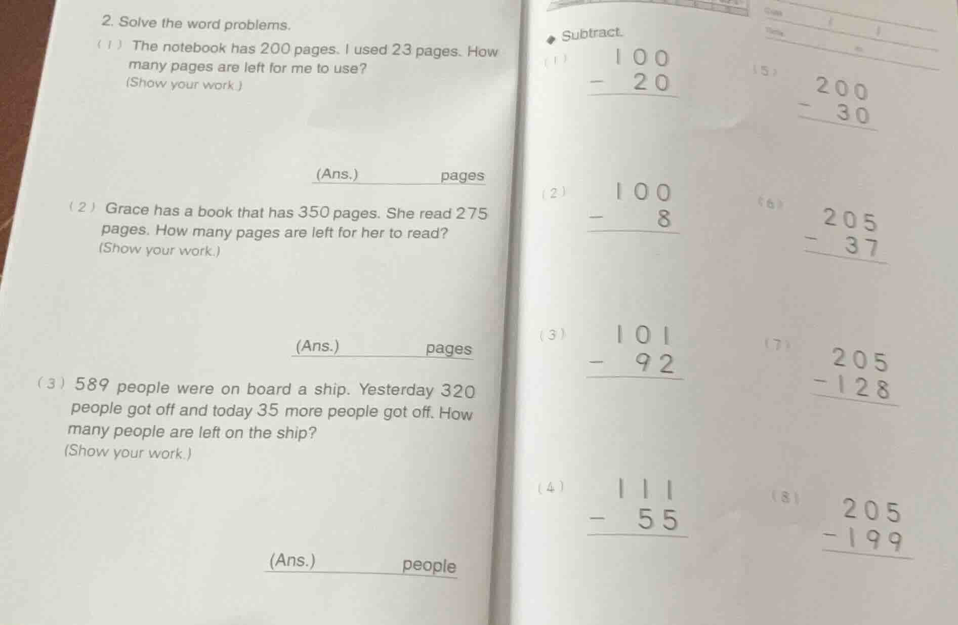 2. solve the word problems. (1) the notebook has 200 pages. i used 23 p…