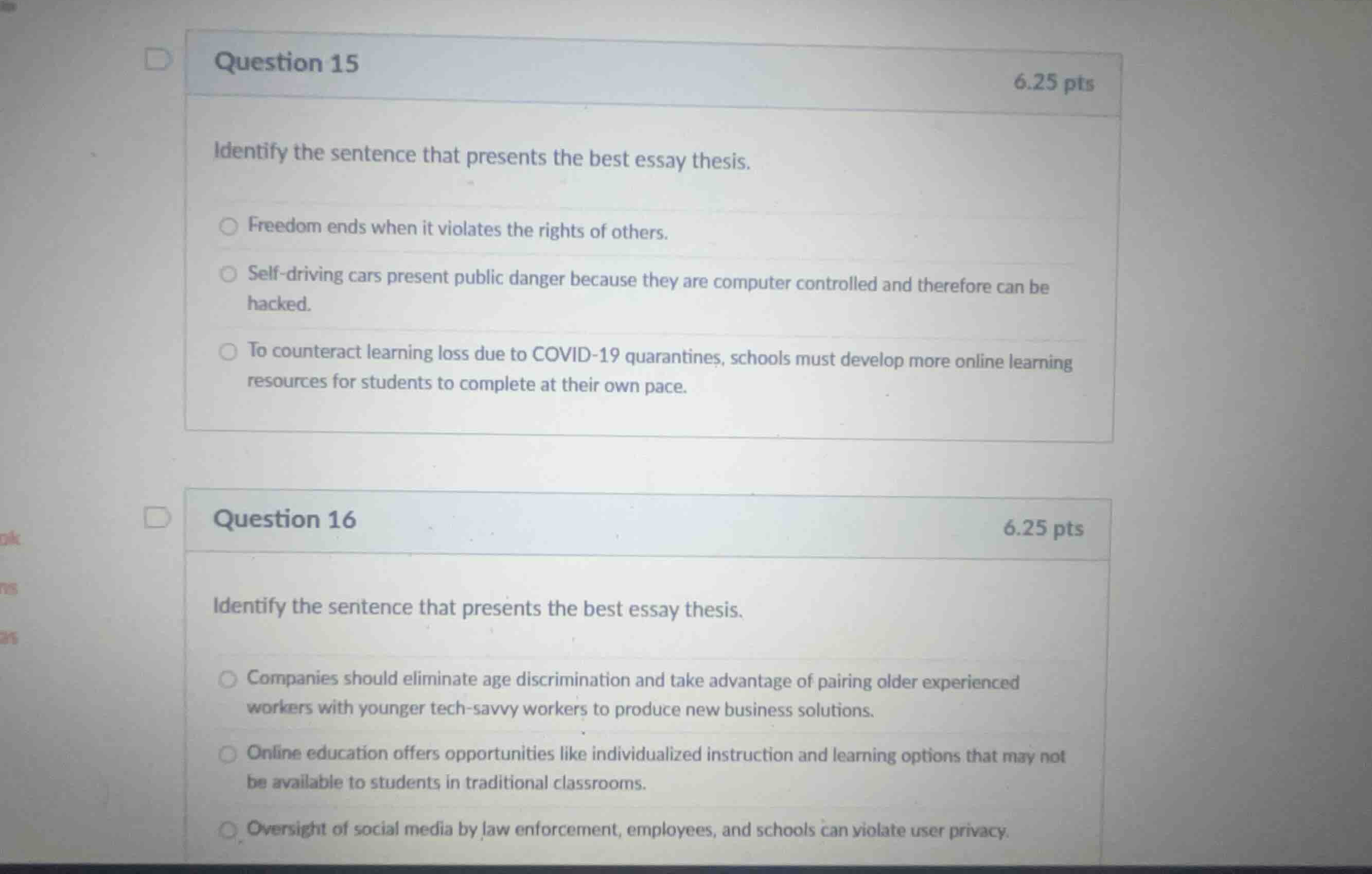 question 15 6.25 pts identify the sentence that presents the best essay…