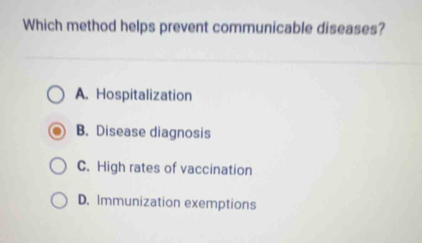 which method helps prevent communicable diseases? a. hospitalization b.…