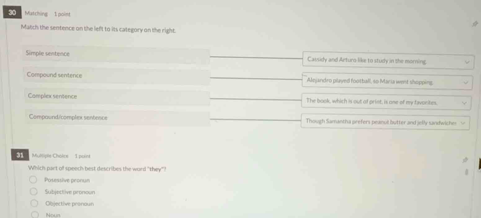 30 matching 1 point match the sentence on the left to its category on t…