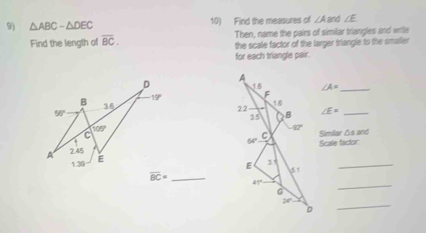 9) \\(\\delta abc \\sim \\delta dec\\) find the length of \\(\\overline…
