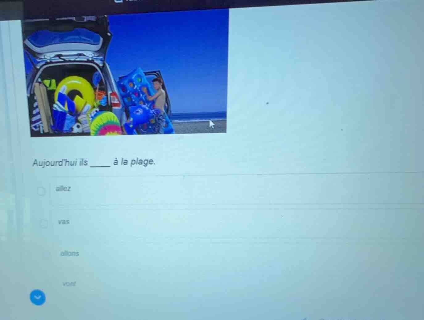 aujourdhui ils ___ à la plage. allez vas allons vont