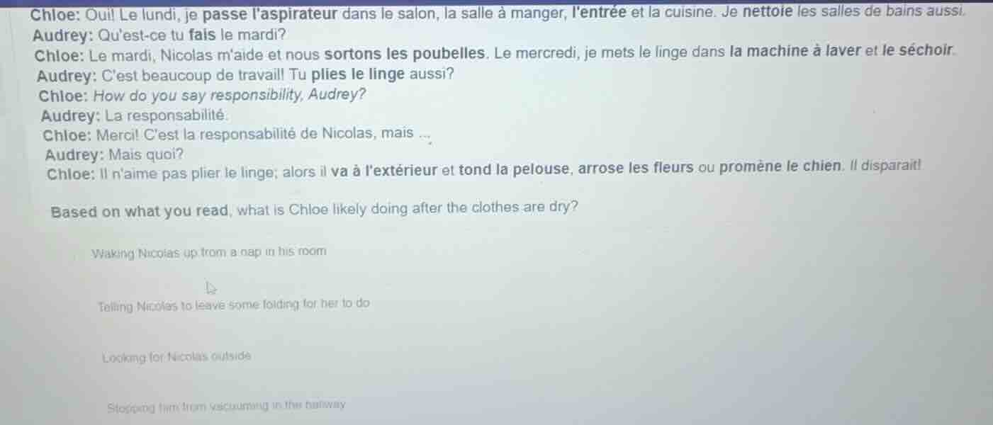 chloe: oui! le lundi, je passe laspirateur dans le salon, la salle à ma…
