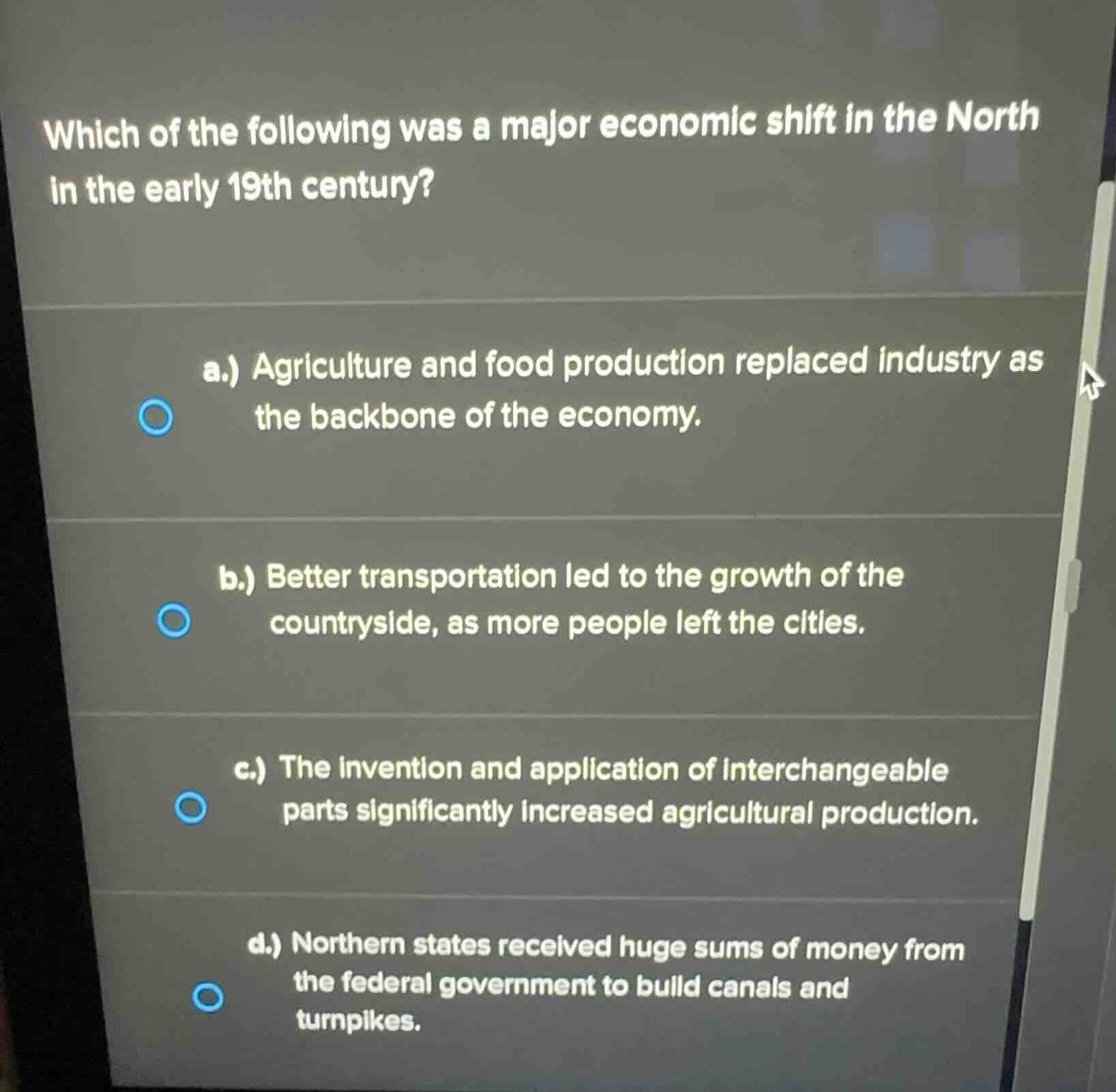 which of the following was a major economic shift in the north in the e…