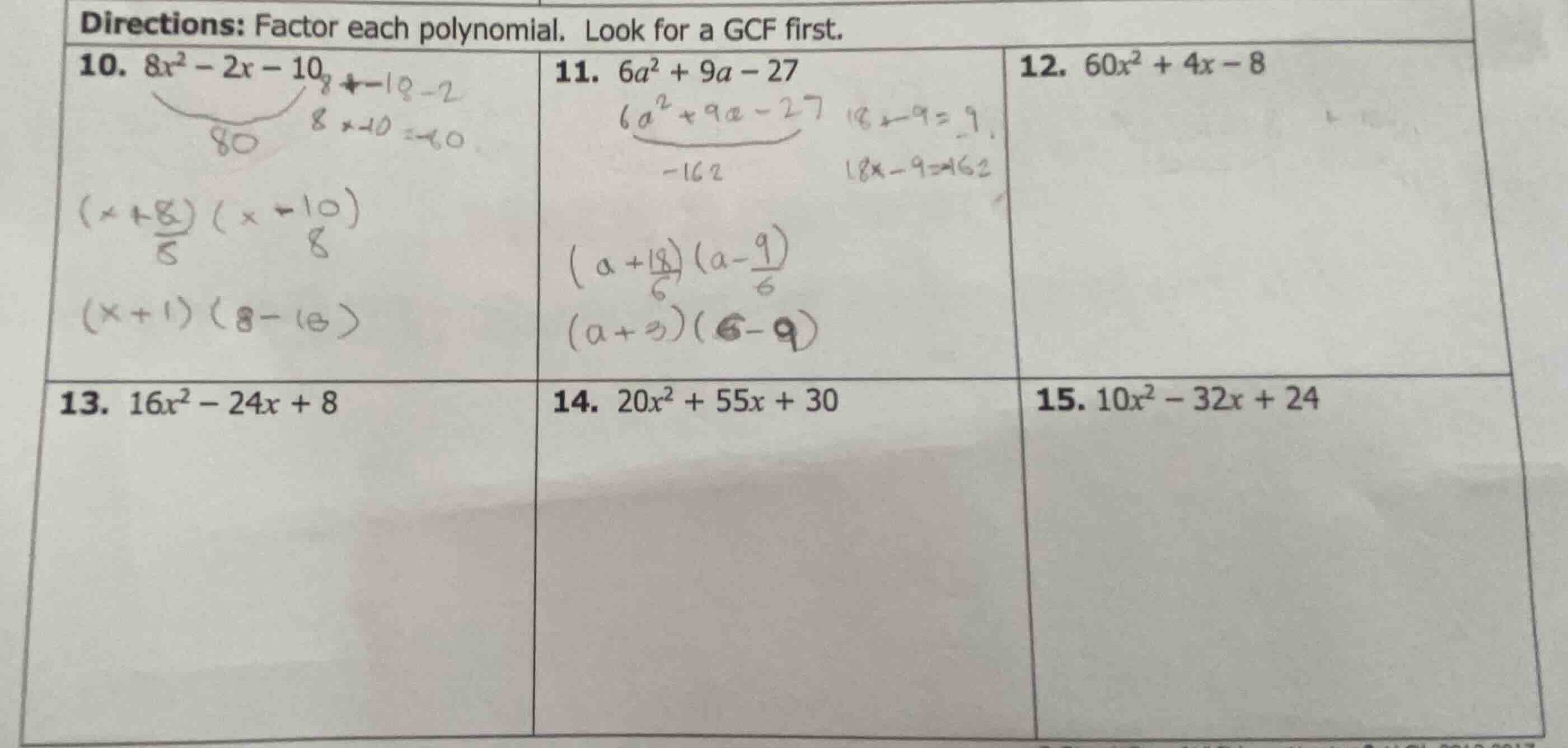 directions: factor each polynomial. look for a gcf first. 10. (8x^2 - 2…