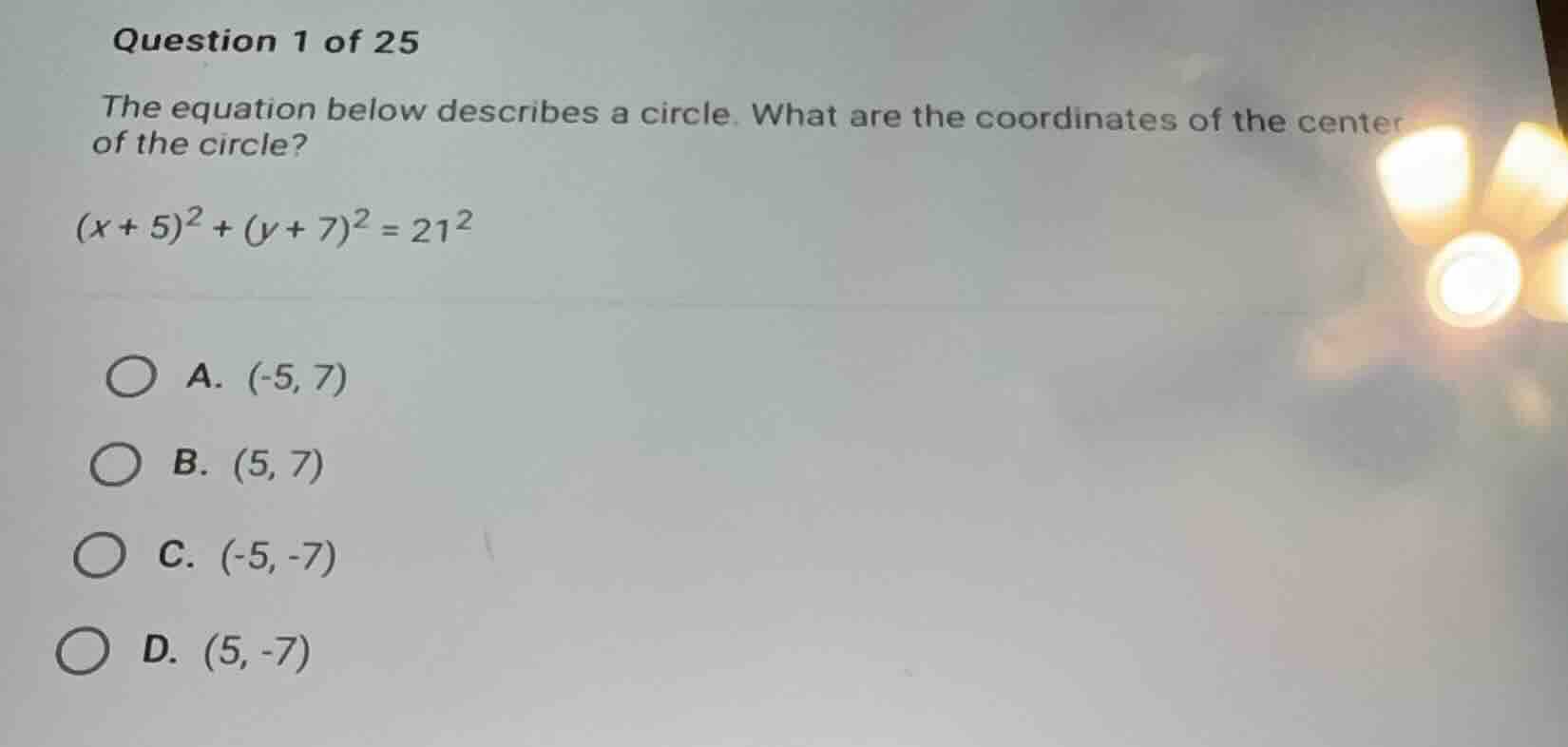 question 1 of 25 the equation below describes a circle. what are the co…