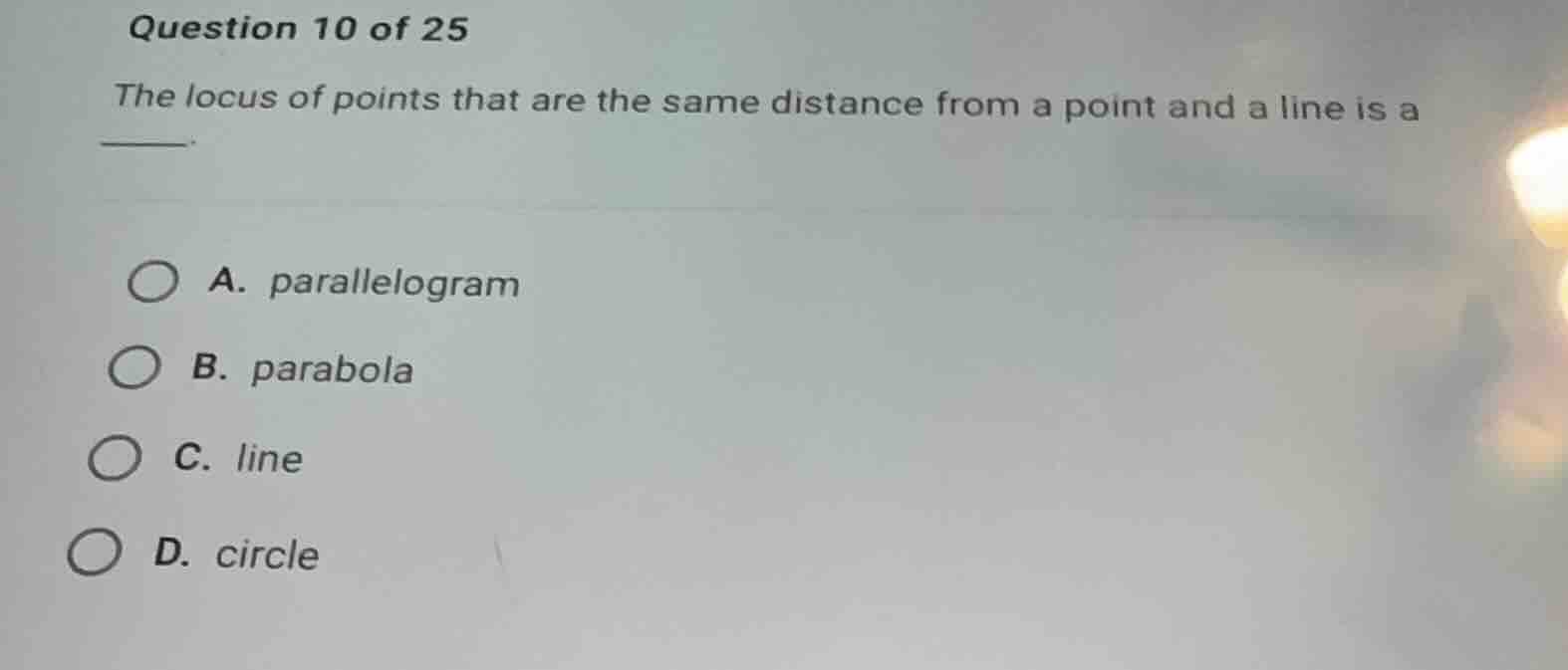 question 10 of 25 the locus of points that are the same distance from a…