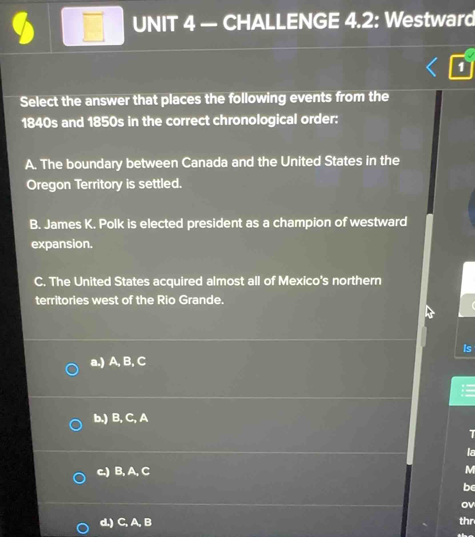 select the answer that places the following events from the 1840s and 1…